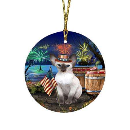 4th of July Independence Day Firework Blue Point Siamese Cat Round Flat Christmas Ornament RFPOR54036