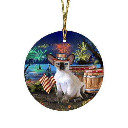 4th of July Independence Day Firework Blue Point Siamese Cat Round Flat Christmas Ornament RFPOR54037