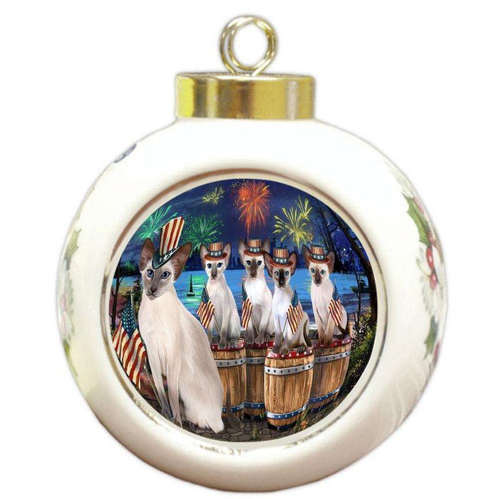 4th of July Independence Day Firework Blue Point Siamese Cats Round Ball Christmas Ornament RBPOR54109