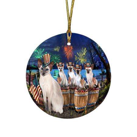 4th of July Independence Day Firework Blue Point Siamese Cats Round Flat Christmas Ornament RFPOR54100
