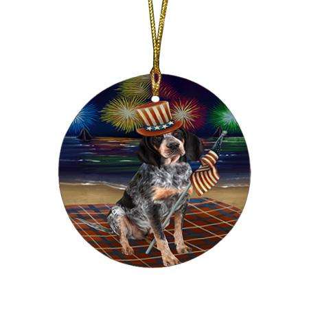 4th of July Independence Day Firework Bluetick Coonhound Dog Round Flat Christmas Ornament RFPOR49599