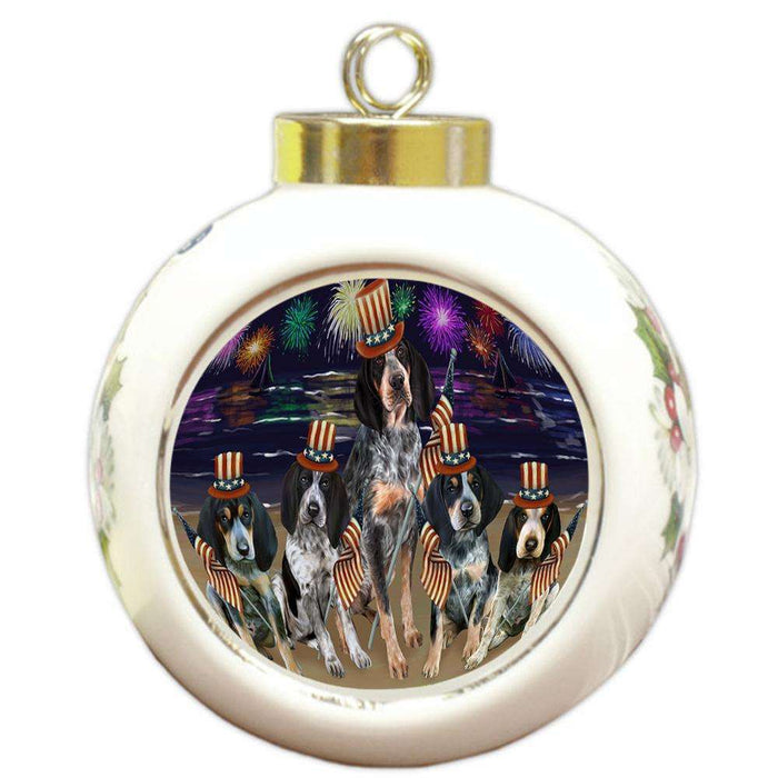 4th of July Independence Day Firework Bluetick Coonhounds Dog Round Ball Christmas Ornament RBPOR49609