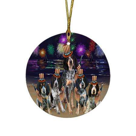 4th of July Independence Day Firework Bluetick Coonhounds Dog Round Flat Christmas Ornament RFPOR49600
