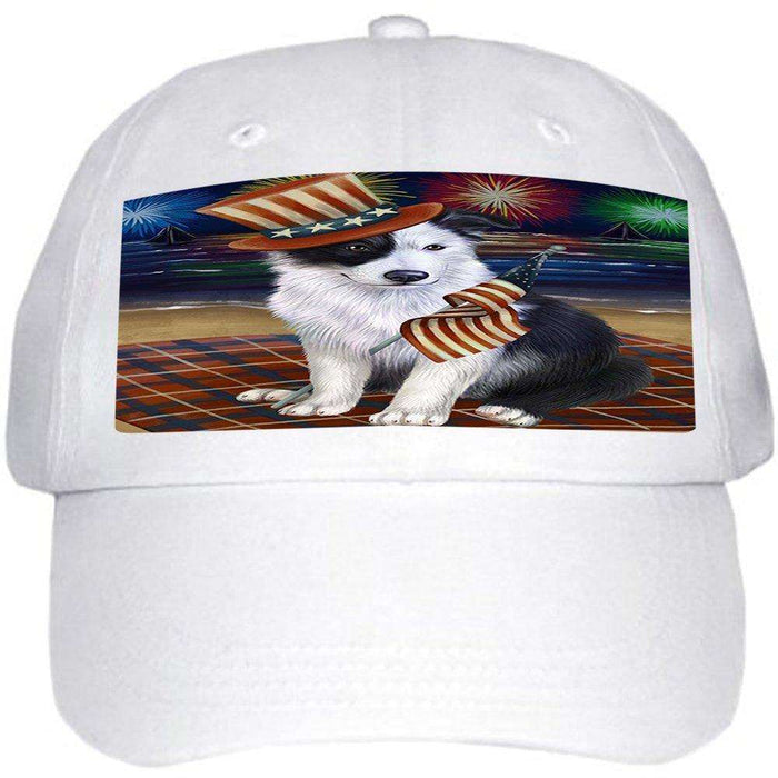 4th of July Independence Day Firework Border Collie Dog Ball Hat Cap HAT49908 (White)