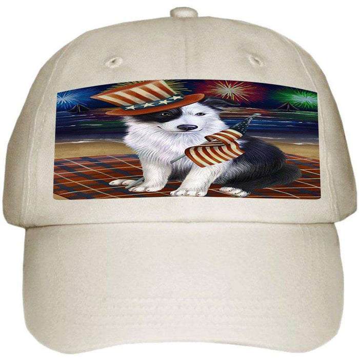 4th of July Independence Day Firework Border Collie Dog Ball Hat Cap HAT49908 (White)