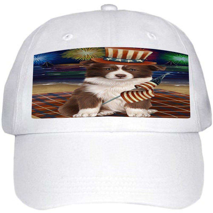 4th of July Independence Day Firework Border Collie Dog Ball Hat Cap HAT49914 (White)