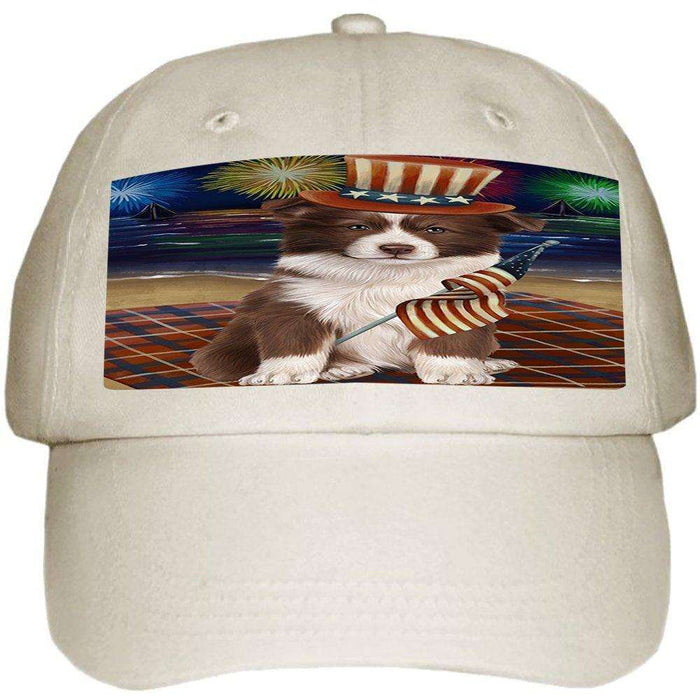 4th of July Independence Day Firework Border Collie Dog Ball Hat Cap HAT49914 (White)