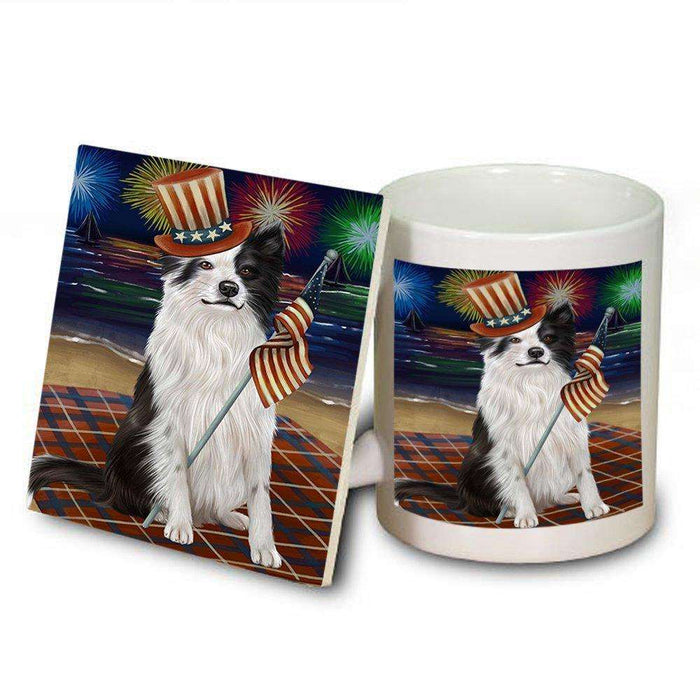 4th of July Independence Day Firework Border Collie Dog Mug and Coaster Set MUC48715