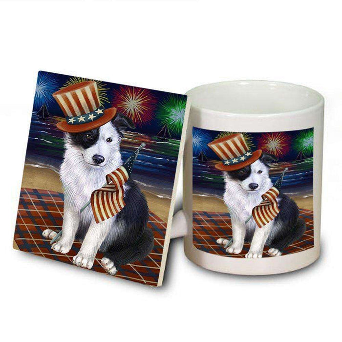 4th of July Independence Day Firework Border Collie Dog Mug and Coaster Set MUC48717
