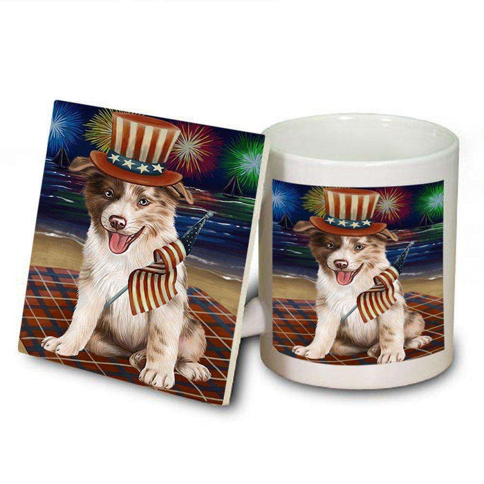 4th of July Independence Day Firework Border Collie Dog Mug and Coaster Set MUC48718
