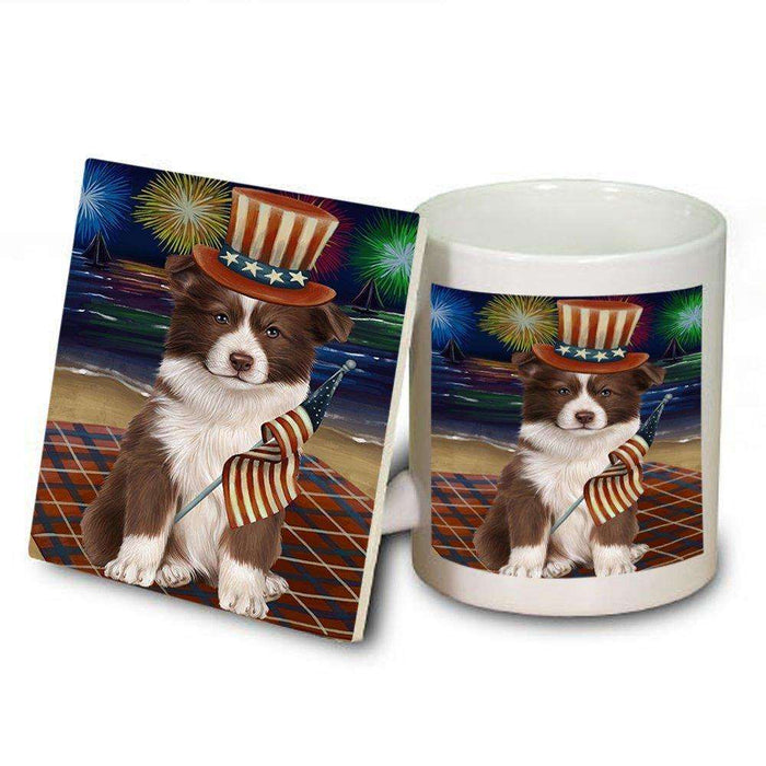 4th of July Independence Day Firework Border Collie Dog Mug and Coaster Set MUC48719