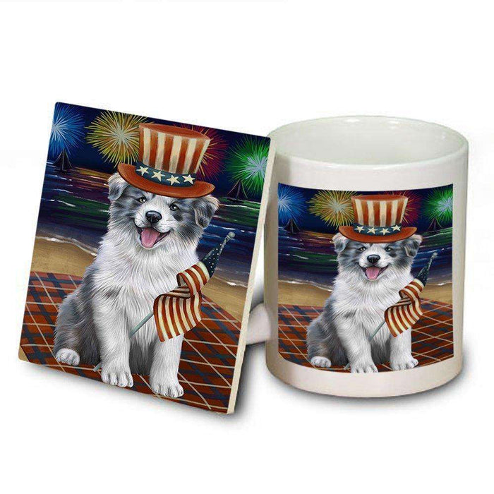 4th of July Independence Day Firework Border Collie Dog Mug and Coaster Set MUC48720
