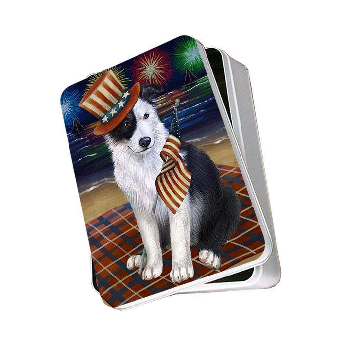 4th of July Independence Day Firework Border Collie Dog Photo Storage Tin PITN48725