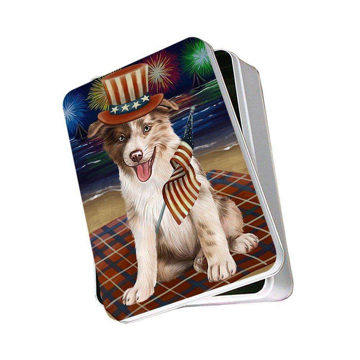 4th of July Independence Day Firework Border Collie Dog Photo Storage Tin PITN48726