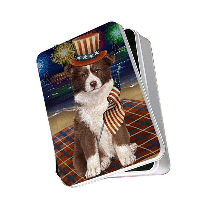 4th of July Independence Day Firework Border Collie Dog Photo Storage Tin PITN48727