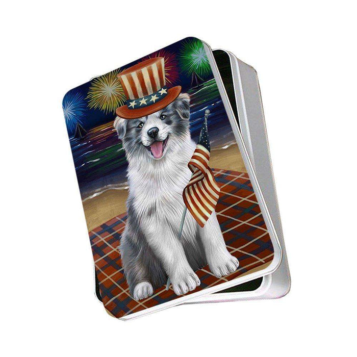 4th of July Independence Day Firework Border Collie Dog Photo Storage Tin PITN48728