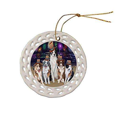 4th of July Independence Day Firework Border Collies Dog Ceramic Doily Ornament DPOR48724