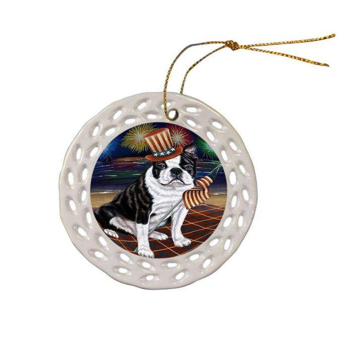 4th of July Independence Day Firework Bosten Terrier Dog Ceramic Doily Ornament DPOR48729