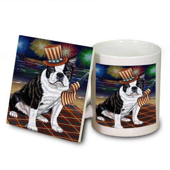 4th of July Independence Day Firework Bosten Terrier Dog Mug and Coaster Set MUC48721