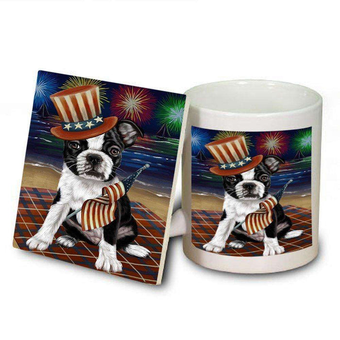 4th of July Independence Day Firework Bosten Terrier Dog Mug and Coaster Set MUC48723