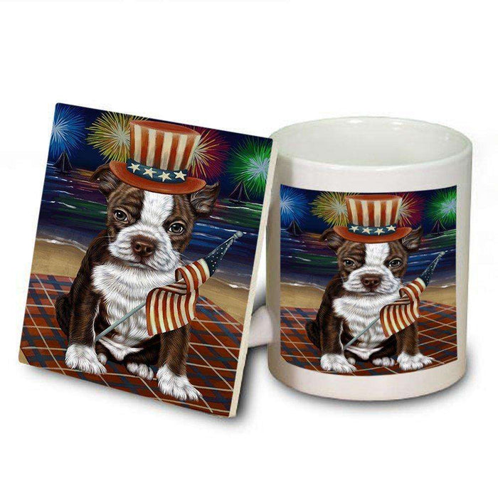 4th of July Independence Day Firework Bosten Terrier Dog Mug and Coaster Set MUC48724