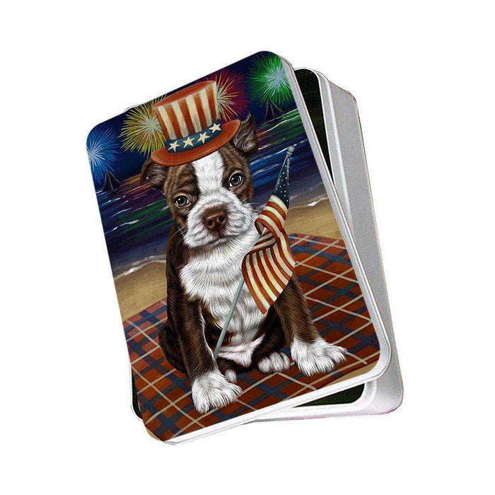 4th of July Independence Day Firework Bosten Terrier Dog Photo Storage Tin PITN48732