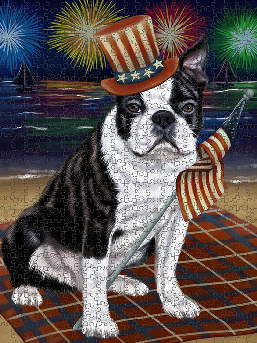 4th of July Independence Day Firework Bosten Terrier Dog Puzzle with Photo Tin PUZL49893