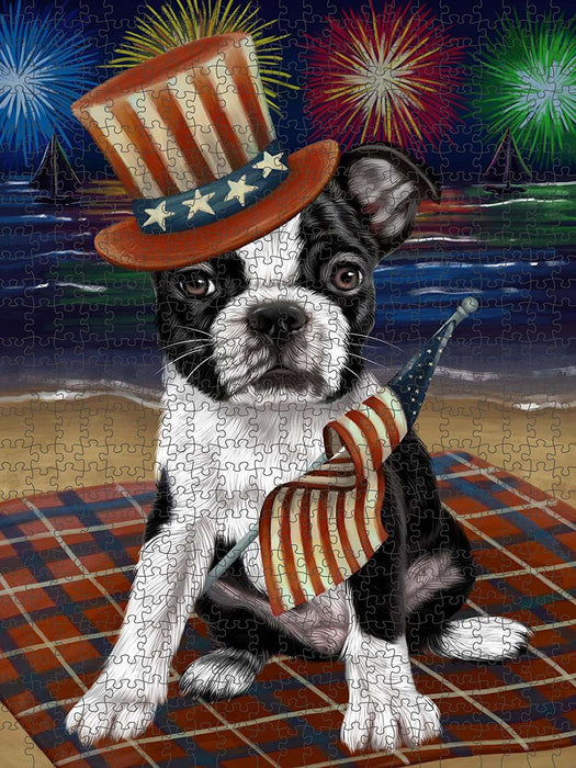 4th of July Independence Day Firework Bosten Terrier Dog Puzzle with Photo Tin PUZL49899