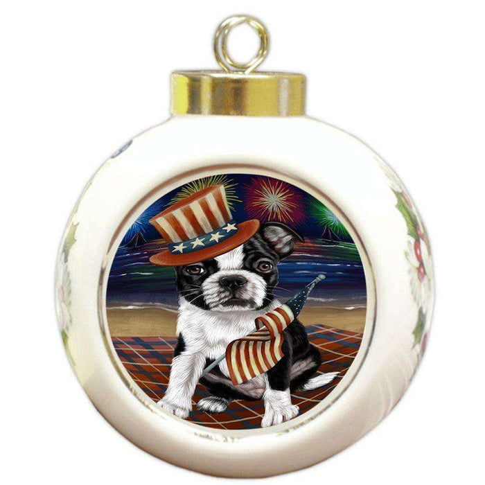 4th of July Independence Day Firework Bosten Terrier Dog Round Ball Christmas Ornament RBPOR48731