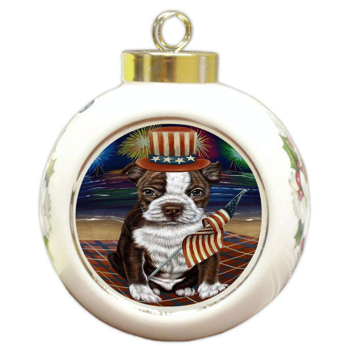4th of July Independence Day Firework Bosten Terrier Dog Round Ball Christmas Ornament RBPOR48732