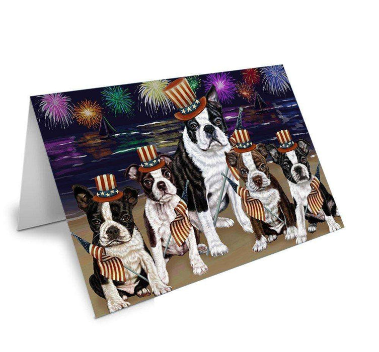 4th of July Independence Day Firework Bosten Terriers Dog Handmade Artwork Assorted Pets Greeting Cards and Note Cards with Envelopes for All Occasions and Holiday Seasons GCD50219