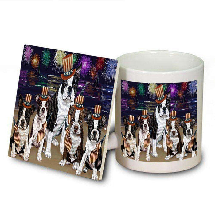 4th of July Independence Day Firework Bosten Terriers Dog Mug and Coaster Set MUC48722