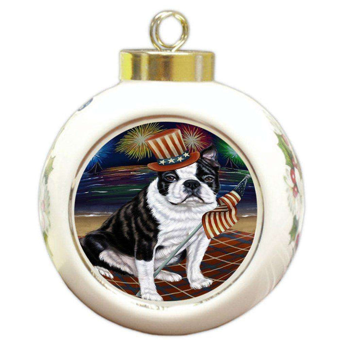 4th of July Independence Day Firework Bosten Terriers Dog Round Ball Christmas Ornament RBPOR48729