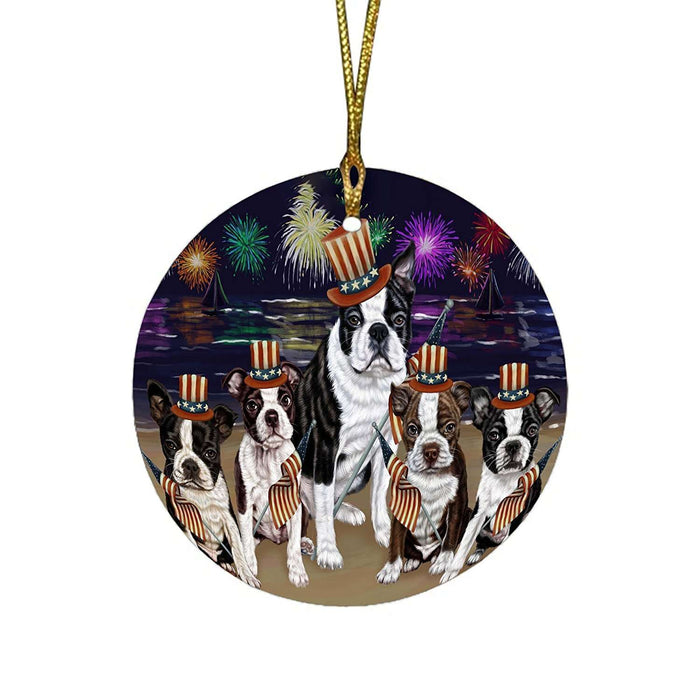 4th of July Independence Day Firework Bosten Terriers Dog Round Christmas Ornament RFPOR48721