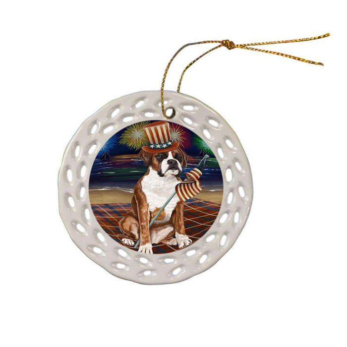 4th of July Independence Day Firework Boxer Dog Ceramic Doily Ornament DPOR48733