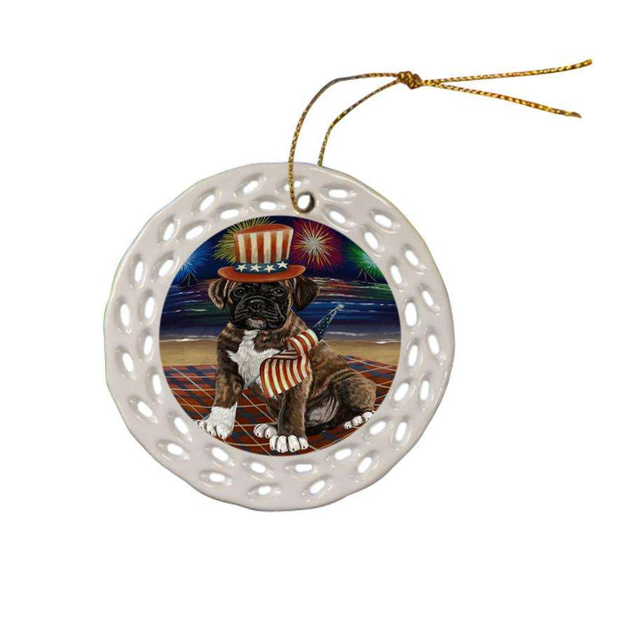 4th of July Independence Day Firework Boxer Dog Ceramic Doily Ornament DPOR48736