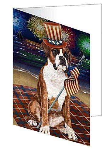 4th of July Independence Day Firework Boxer Dog Handmade Artwork Assorted Pets Greeting Cards and Note Cards with Envelopes for All Occasions and Holiday Seasons GCD50228