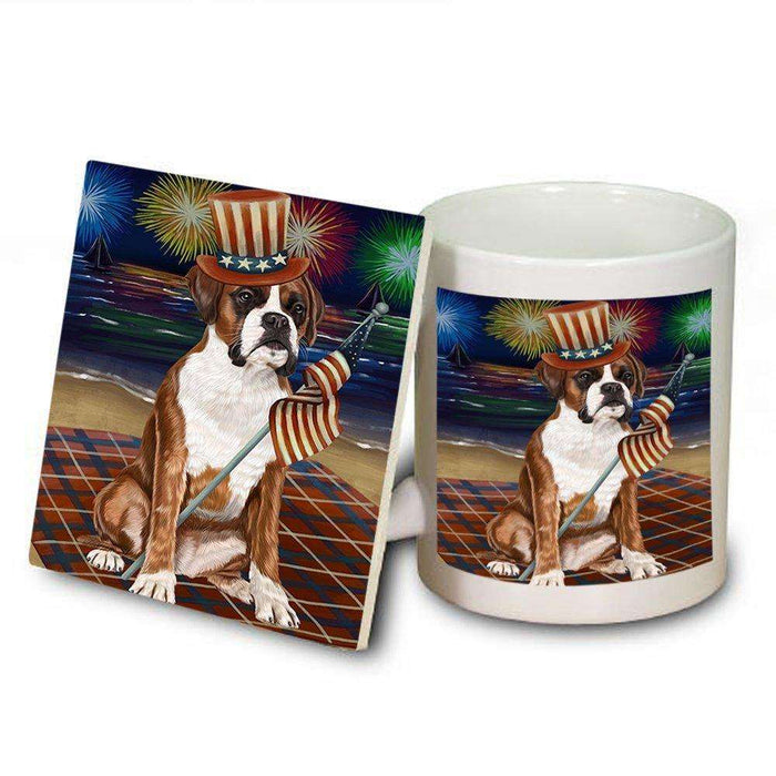 4th of July Independence Day Firework Boxer Dog Mug and Coaster Set MUC48725