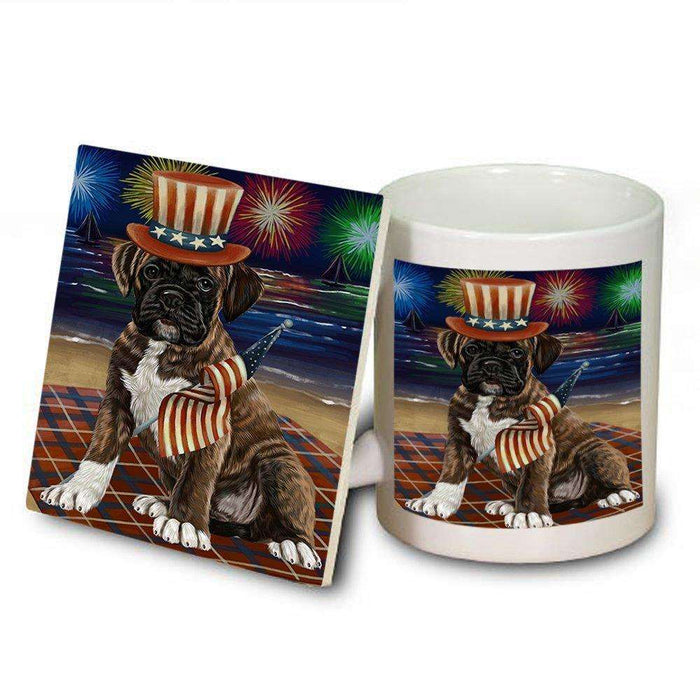 4th of July Independence Day Firework Boxer Dog Mug and Coaster Set MUC48728