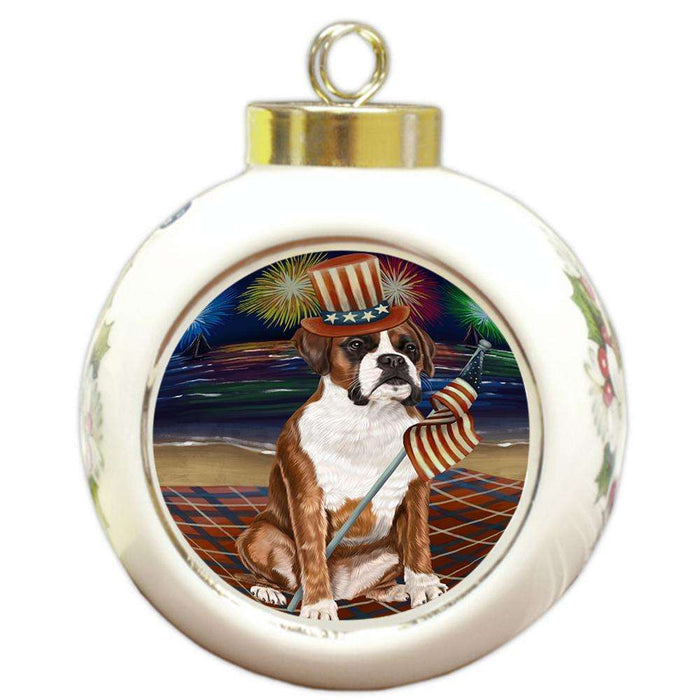 4th of July Independence Day Firework Boxer Dog Round Ball Christmas Ornament RBPOR48733