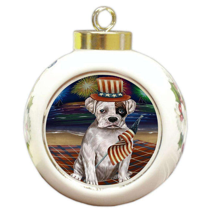 4th of July Independence Day Firework Boxer Dog Round Ball Christmas Ornament RBPOR48734