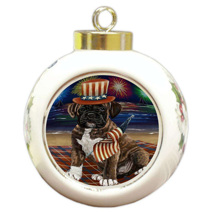 4th of July Independence Day Firework Boxer Dog Round Ball Christmas Ornament RBPOR48736
