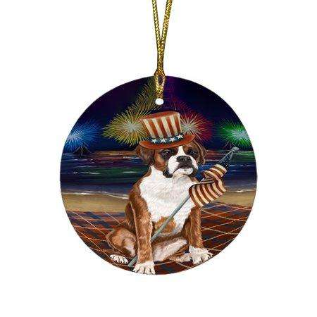 4th of July Independence Day Firework Boxer Dog Round Christmas Ornament RFPOR48724