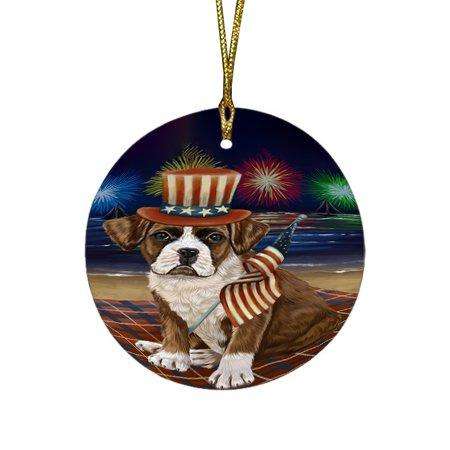 4th of July Independence Day Firework Boxer Dog Round Christmas Ornament RFPOR48726