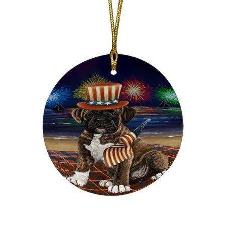 4th of July Independence Day Firework Boxer Dog Round Christmas Ornament RFPOR48727