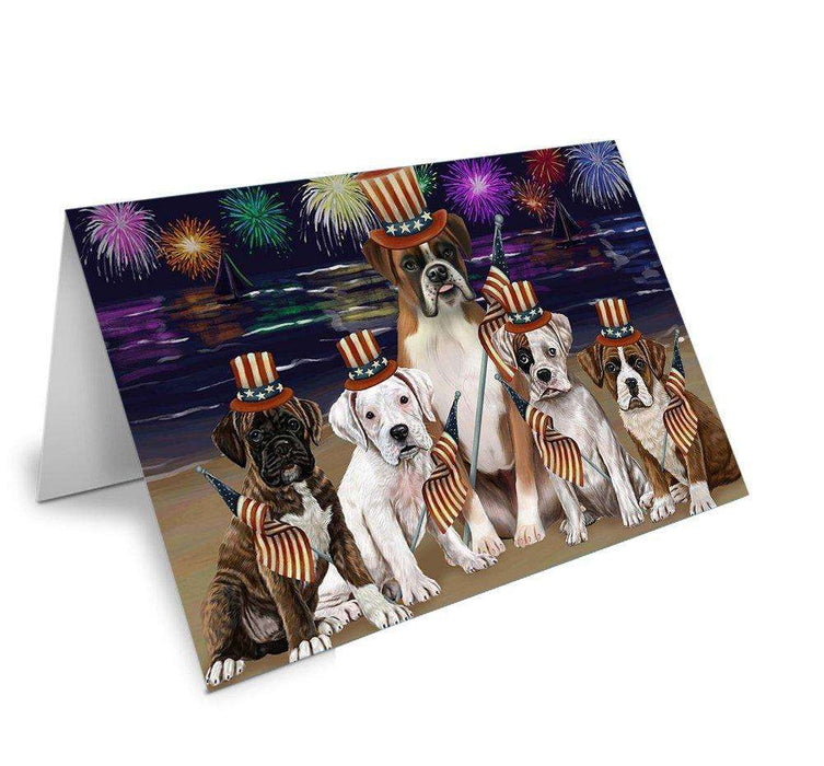 4th of July Independence Day Firework Boxers Dog Handmade Artwork Assorted Pets Greeting Cards and Note Cards with Envelopes for All Occasions and Holiday Seasons GCD50240