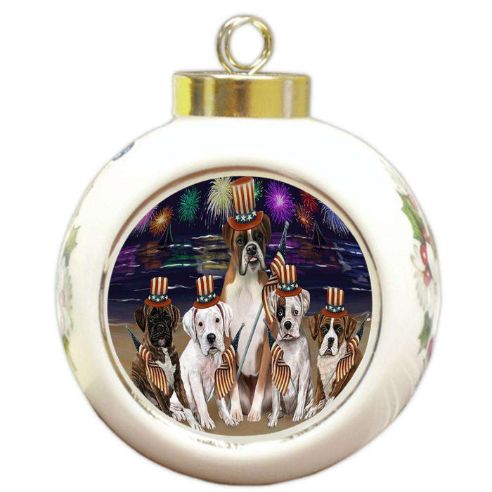 4th of July Independence Day Firework Boxers Dog Round Ball Christmas Ornament RBPOR48737