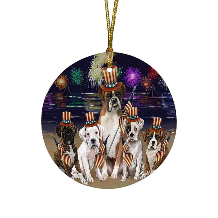 4th of July Independence Day Firework Boxers Dog Round Christmas Ornament RFPOR48728