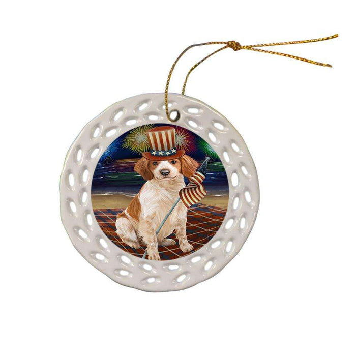 4th of July Independence Day Firework Brittany Spaniel Dog Ceramic Doily Ornament DPOR48845