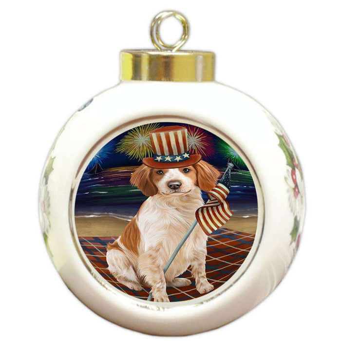 4th of July Independence Day Firework Brittany Spaniel Dog Round Ball Christmas Ornament RBPOR48845
